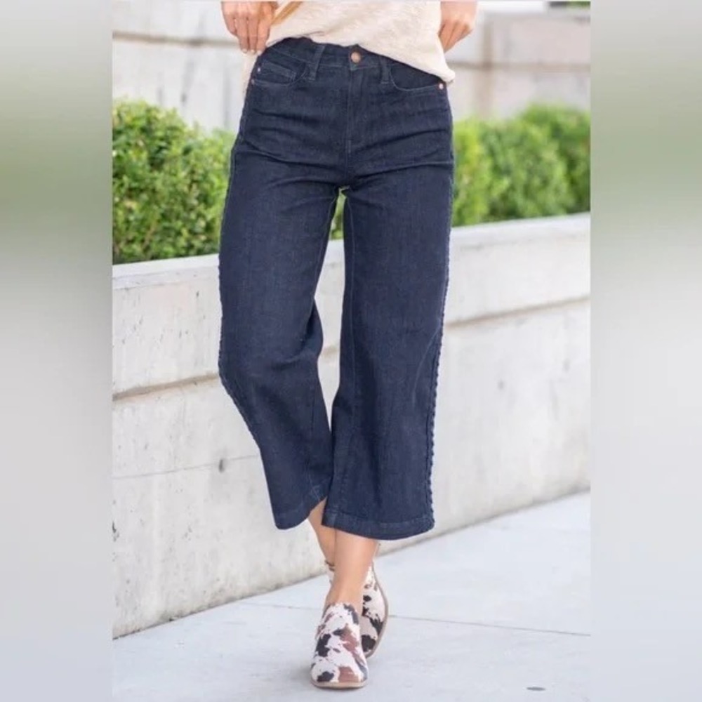 Judy Blue Women's Braided Side High Rise Cropped Wide Leg Jeans NWT 0/24 Denim